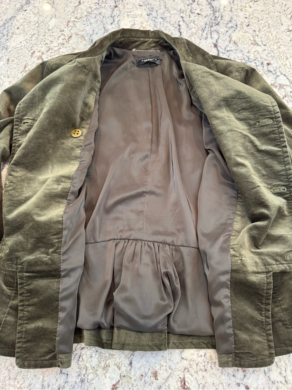 Talbots Olive Green Velvet Double Breasted Blazer Jacket Military Quiet Luxury - Picture 10 of 11